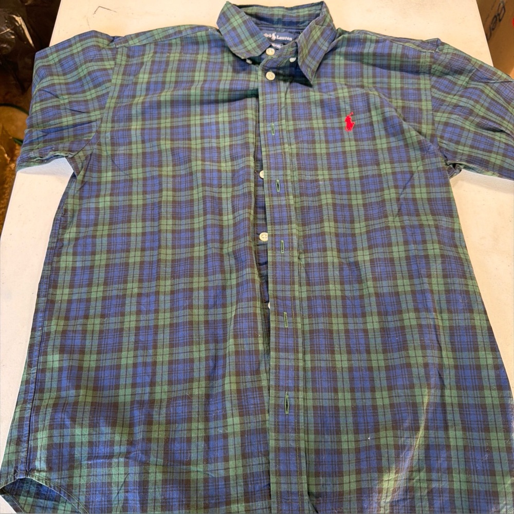 Ralph Lauren Blue & Green Plaid Button-Down Shirt with Red Polo Logo